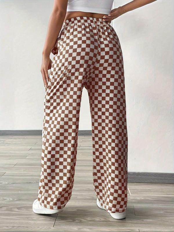 Women's Plaid Print Drawstring Waist Straight Leg Pants, Casual Pocket Trousers for Daily Wear, Ladies Bottoms for All Seasons