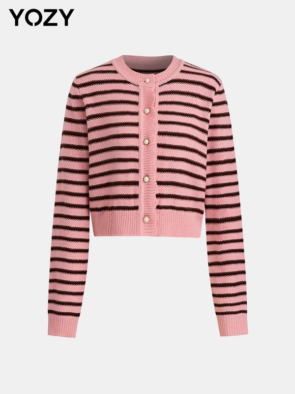 YOZY Christmas Deals, [2 colors, size 0 2-14] Striped Print Cardigan  Casual Long Sleeve Round Neck Button Front Knitwear, 2024 Women's Knit Clothing Daily Wear for Fall & Winter, [XS-XXL], Christmas 2024 Trend, Fall & Winter Clothes