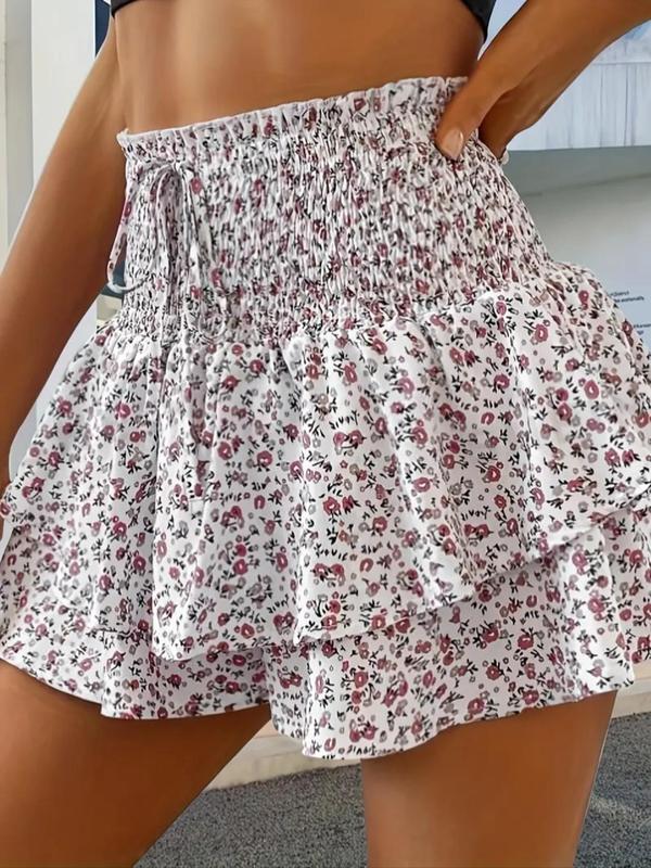 Women's Floral Print Frill Trim Shirred Tiered Layer Shorts, Designer Clothing, Casual High Waist Tie Front Wide Leg Shorts for Spring & Fall, Women's Bottoms for Daily Wear