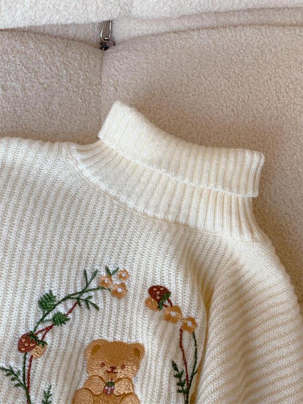 Women's Cartoon Bear & Floral Embroidery Turtle Neck Sweater, Cute Long Sleeve Drop Shoulder Jumper for Fall & Winter, Fashion Ladies' Knitwear for Daily Wear