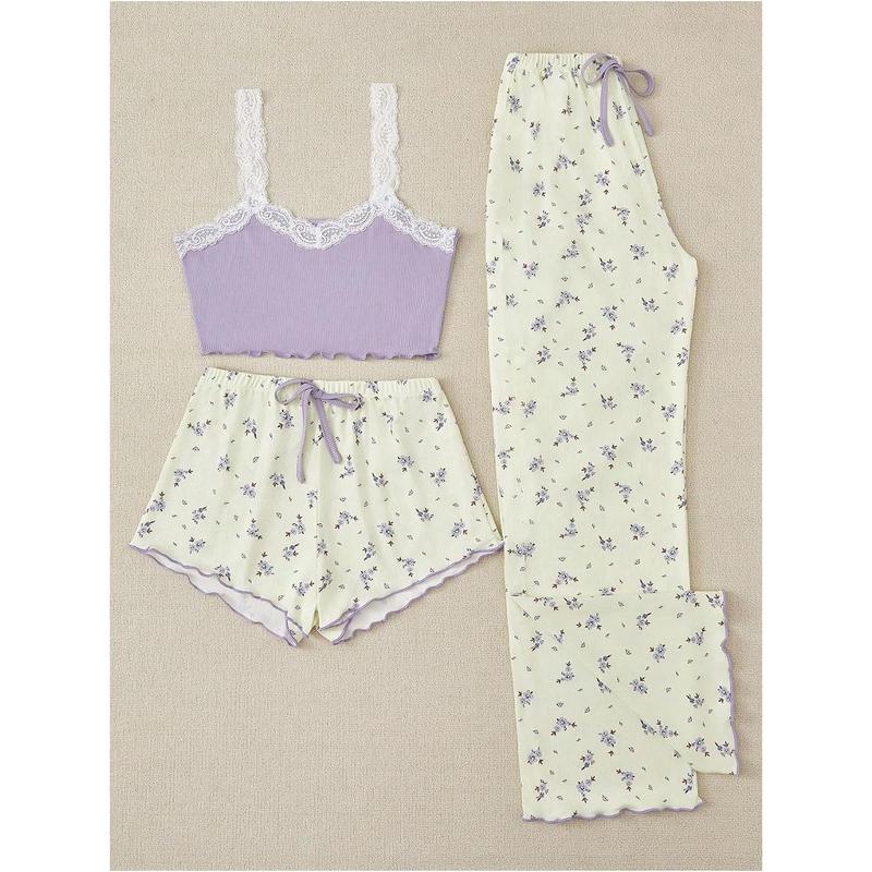 3 Piece Pajama Sets Floral Lace Cami Top and Shorts & Pants Pj Sets Loungewear