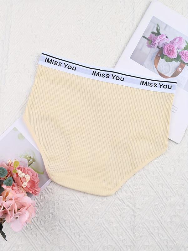 Women's Letter Tape Ribbed Seamless Knicker, Korean Wear, 6 Counts Comfy Mid Rise Elastic Waist Summer Brief, Women's Underwear, Back-to-School Clothing, Basic Breathable Panties for Women, Womenswear, Fall Wear, Fallfreshness