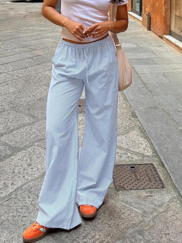 Women's Striped Print Drawstring Waist Straight Leg Pants, Casual Comfy High Waist Trousers for Daily Wear, Ladies Bottoms for Summer Girl With Blue Pants