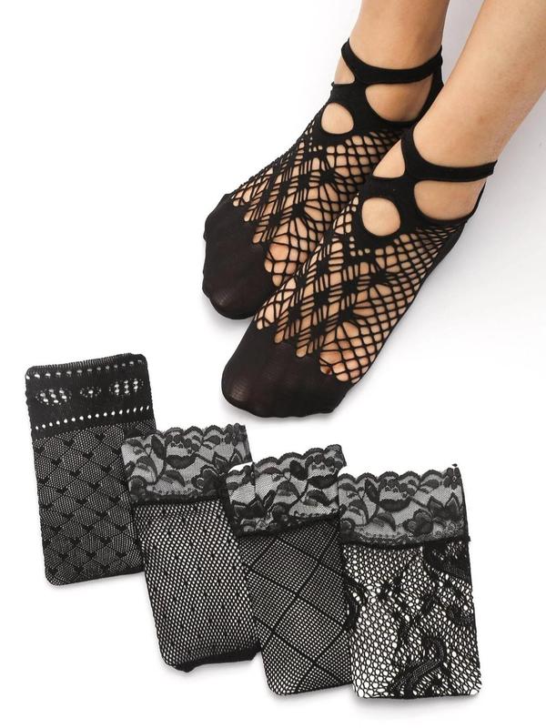 Women's 5 Pairs Hollow Out Contrast Lace Socks, Fishnet Ankle Socks, Dress Socks for Women, Mesh Socks for Cosplay Summer Wear, Women's Socks & Hosiery