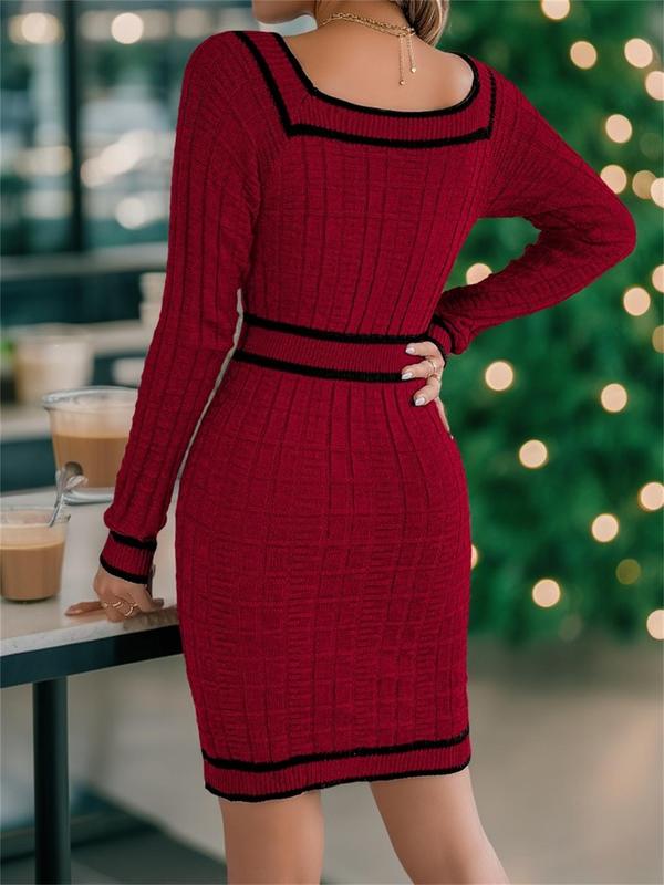 Women's Contrast Binding Fake Buttons Sweater Dress, Elegant Square Neck Long Sleeve Knit Dress for Fall & Winter, Women's Clothing for Daily Wear