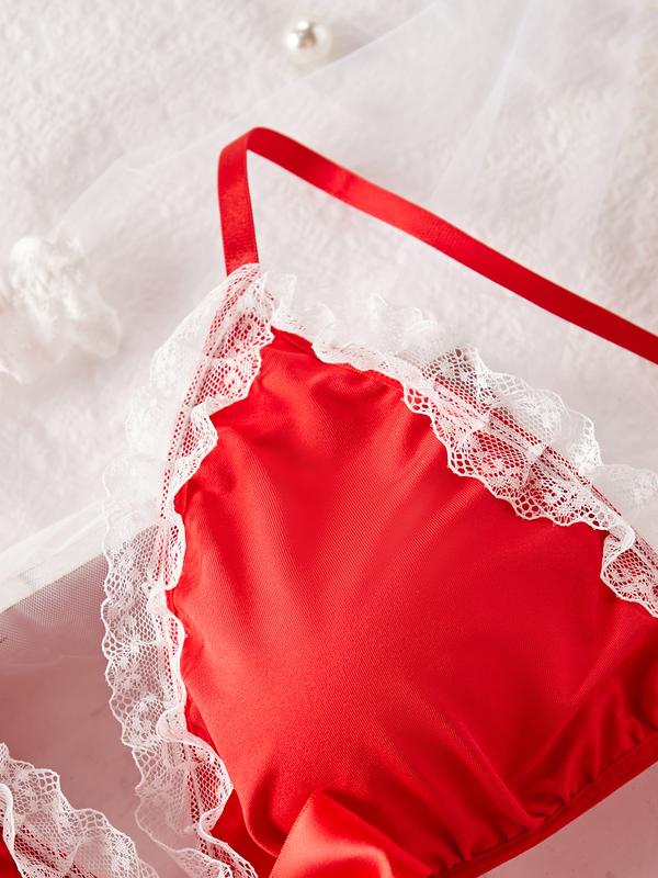 Women's Red and White Pajamas Two-piece Set, Lace Bow Decoration, V-neck Bra, Briefs, Including Lace Neck Ring, Leg Ring, Halloween, Christmas