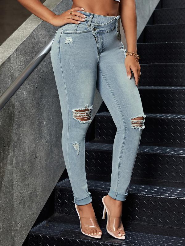 Broken Hole Washed Jeans Women's Slim Small Feet Design Models Pants Fashionnova Jeans 7sjeans Align Tank Denim  isabella  ladera   nice  jeans Denim jeans  pants