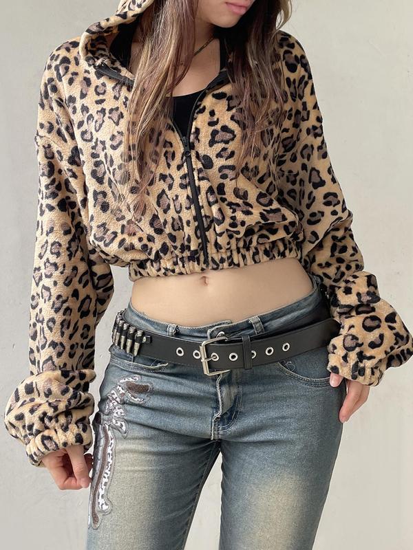 Women's All Over Leopard Print Zip Up Crop Fuzzy Jacket, Casual Long Sleeve Zip Front Outerwear for Fall & Winter,  Winter Clothes Women, Women's Clothes for Daily Wear