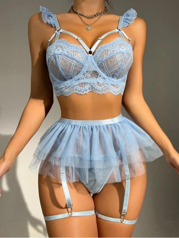 Women's Lace Sexy Lingerie Three-piece Set, Solid Color Cut Out Bra & Thong & Garter Belt with Thigh Ring, Lingerie Set for Women