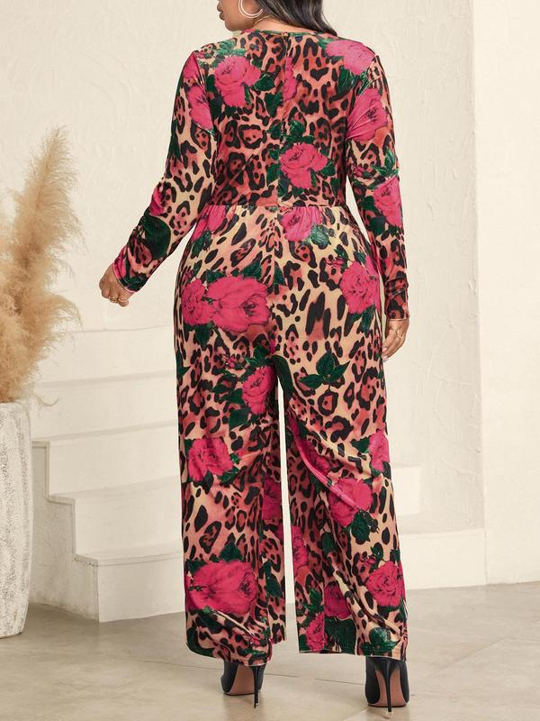 CURVZY Plus Size Floral & Leopard Print Pocket Wide Leg Jumpsuit, Elegant Long Sleeve Round Neck Velvet Jumpsuit for Fall & Winter, Women's Clothes for Daily Wear