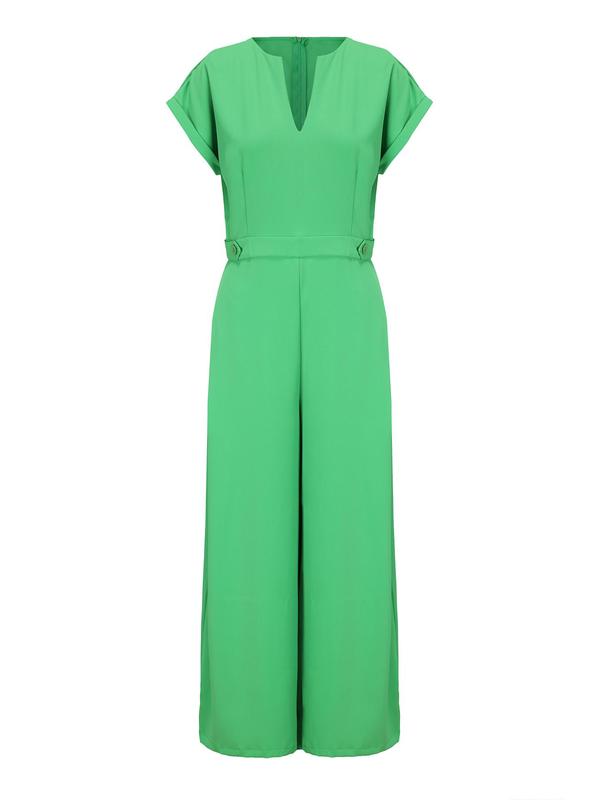 Women's Plain Pocket Neck Belted Wide Leg Jumpsuit, Elegant Zipper Back Notched Jumpsuit for Work Office Business, Summer Outfits, Ladies Clothes for All Seasons, Holiday Outfits 2024