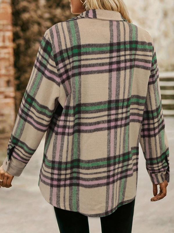 Women's Plaid Print Button Front Pocket Shirt Jacket, Casual Long Sleeve Collared Outerwear for Fall & Winter, Ladies Clothes for Daily Wear