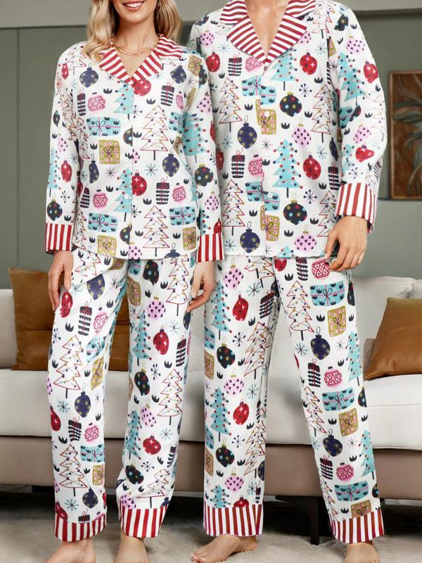 Couple's Christmas Print Button Front Shirt & Elastic Waist Pants Two-piece Set, Casual Comfy Long Sleeve Top & Trousers PJ Set, Couple's Sleepwear for Spring & Fall, Boyfriend Gifts