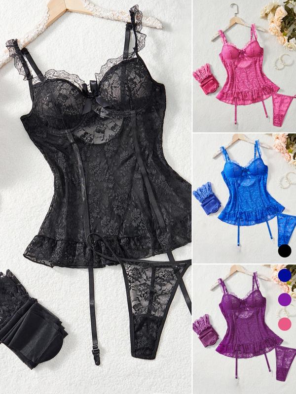 Women's Floral Lace Sheer Sexy Lingerie Set, Bow Decor Cut Out Ruffle Hem Spaghetti Strap Lingerie Top & Thong & Stockings Set, Women's Romantic Nightwear for All Seasons