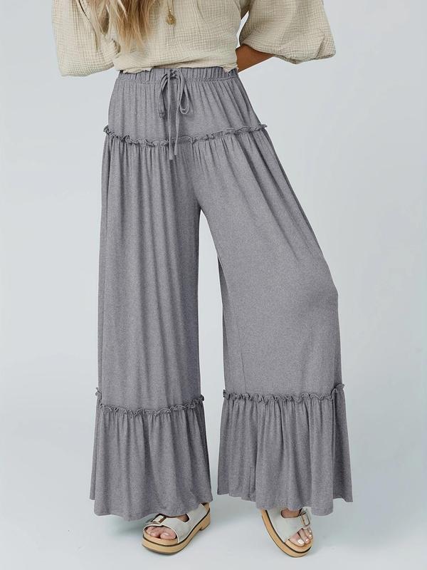 Women's Plain Frill Trim Drawstring Waist Wide Leg Pants, Casual Ruffle Bell Bottom Trousers for Spring & Fall, Women's Bottoms for Daily Wear