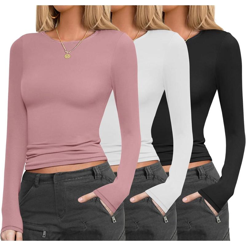 Womens 3 Pack Long Sleeve Shirts Fitted Tops Base Layering Tight Thermal Undershirts S-XXL