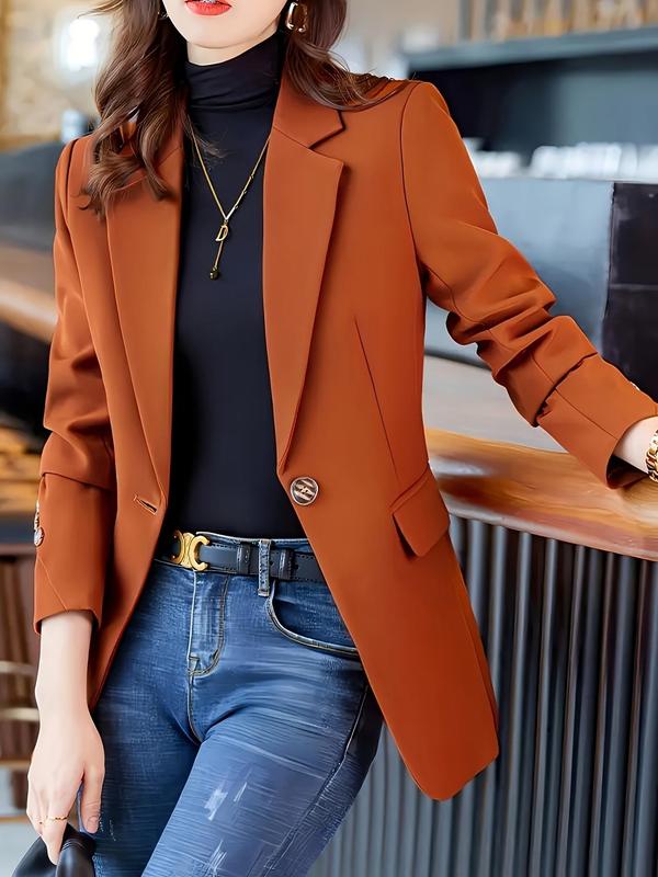 Women's Solid Button Front Lapel Neck Blazer, Elegant Long Sleeve Outerwear for Work Office Business, Ladies Spring & Fall Clothes