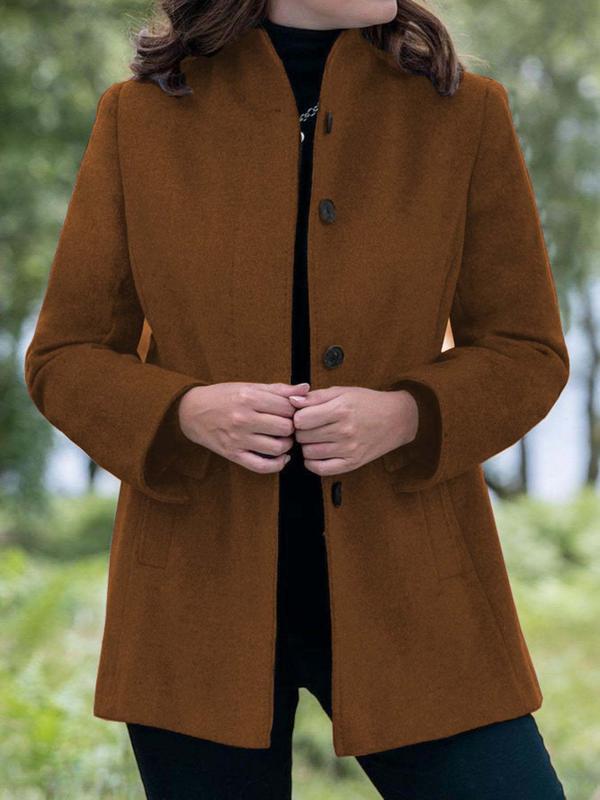 Women's Solid Button Front Mock Neck Woolen Coat, Casual Long Sleeve Outerwear for Fall & Winter, Women's Clothing for Daily Wear