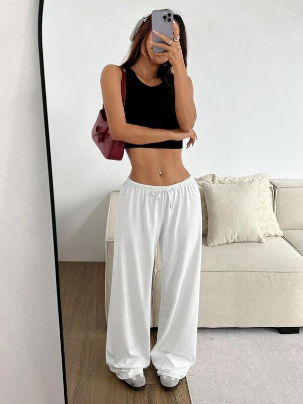 Women's Solid Color Drawstring Waist Wide Leg Pants, Casual Comfy Trousers for Daily Wear, Ladies Bottoms for All Seasons