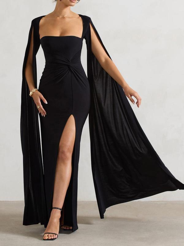 Women's Twist Front Split Thigh Cloak Sleeve Bodycon Dress, Elegant Square Neck Maxi Dress for Party Club Dating Wear, Women's Clothing for Fall & Winter