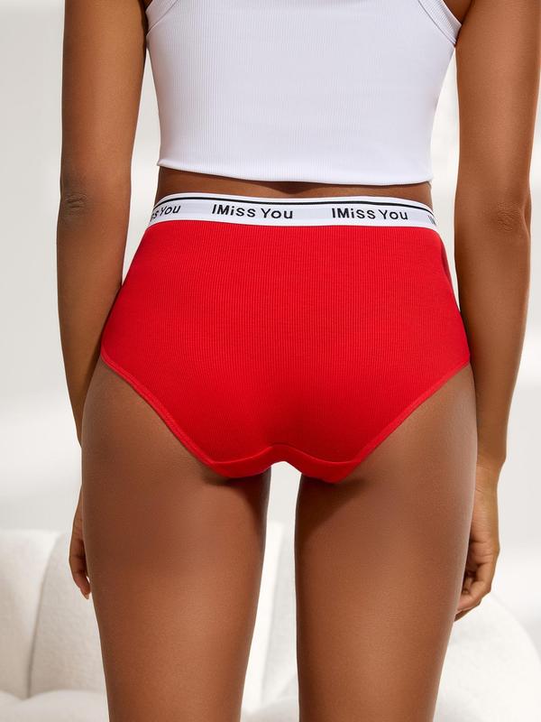 Women's Letter Tape Ribbed Seamless Knicker, Korean Wear, 6 Counts Comfy Mid Rise Elastic Waist Summer Brief, Women's Underwear, Back-to-School Clothing, Basic Breathable Panties for Women, Womenswear, Fall Wear, Fallfreshness