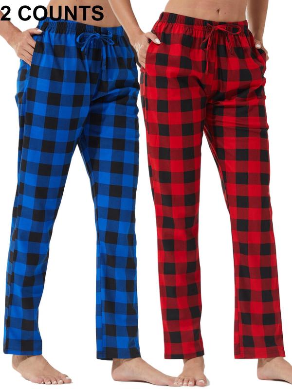 Women's Plaid Print Tie Front Elastic Waist Lounge Pants, Casual Comfy Pocket Trousers for Daily Wear, Ladies Sleepwear for All Seasons