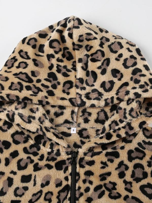 Women's All Over Leopard Print Zip Up Crop Fuzzy Jacket, Casual Long Sleeve Zip Front Outerwear for Fall & Winter,  Winter Clothes Women, Women's Clothes for Daily Wear