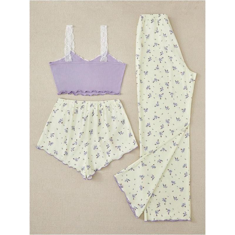 3 Piece Pajama Sets Floral Lace Cami Top and Shorts & Pants Pj Sets Loungewear