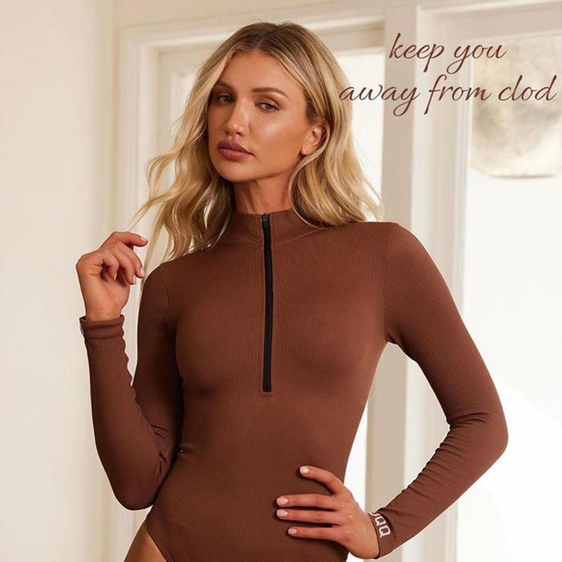 Women's Bodysuits Sexy Ribbed One Piece Zip Front Long Sleeve Tops Bodysuits 2 Piece