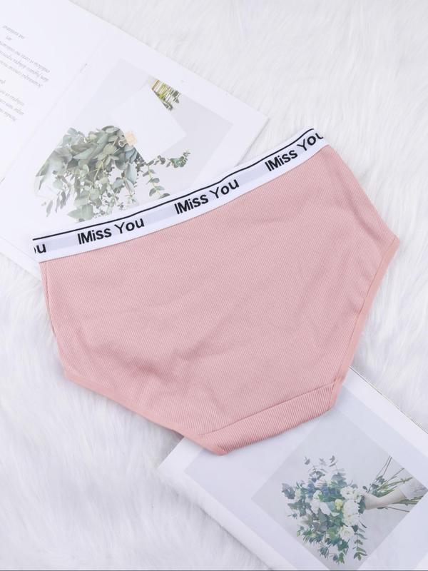 Women's Letter Tape Ribbed Seamless Knicker, Korean Wear, 6 Counts Comfy Mid Rise Elastic Waist Summer Brief, Women's Underwear, Back-to-School Clothing, Basic Breathable Panties for Women, Womenswear, Fall Wear, Fallfreshness