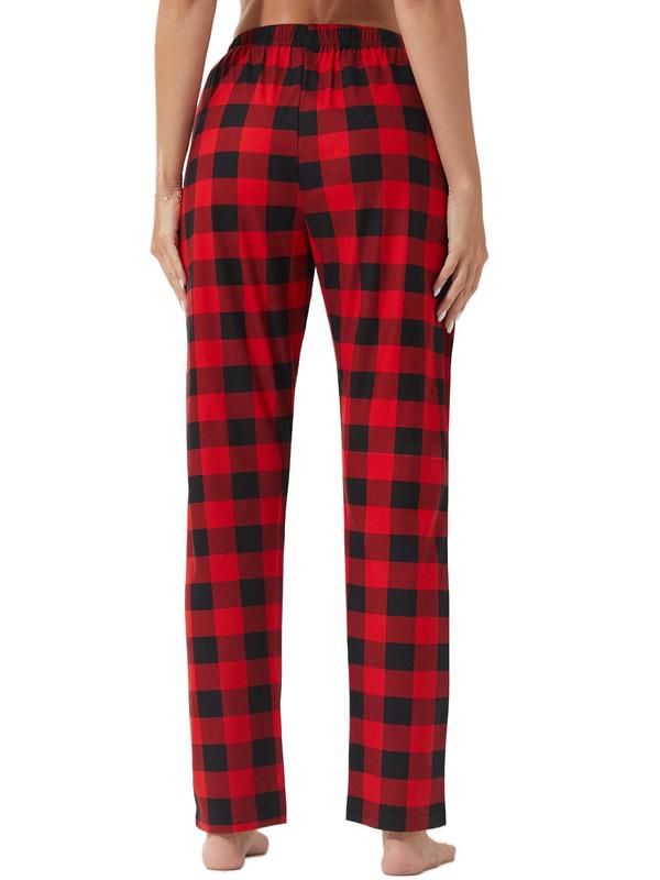 Women's Plaid Print Tie Front Elastic Waist Lounge Pants, Casual Comfy Pocket Trousers for Daily Wear, Ladies Sleepwear for All Seasons