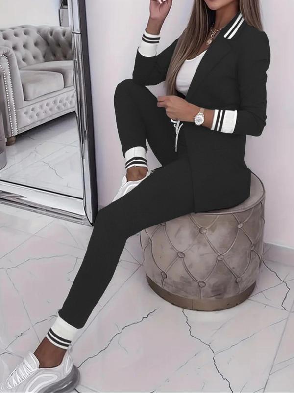 Women's Solid Color Striped Trim Long Sleeve Blazer & Drawstring Waist Pants Two-piece Set, Casual Open Front Outerwear & Trousers for Spring & Fall, Women's Clothes for Daily Wear