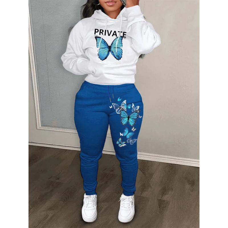 Plus Size Autumn & Winter Letter Print Color Block Hooded Sweatshirt Set Daily Casual Long Sleeve Female Tracksuit Set Womenswear Clothing