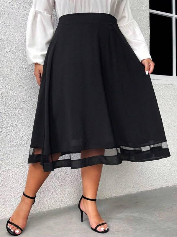 Plus Size Contrast Mesh Flared Skirt, Casual Elastic Waist Midi Skirt for Summer, Women's Bottoms for Daily Wear