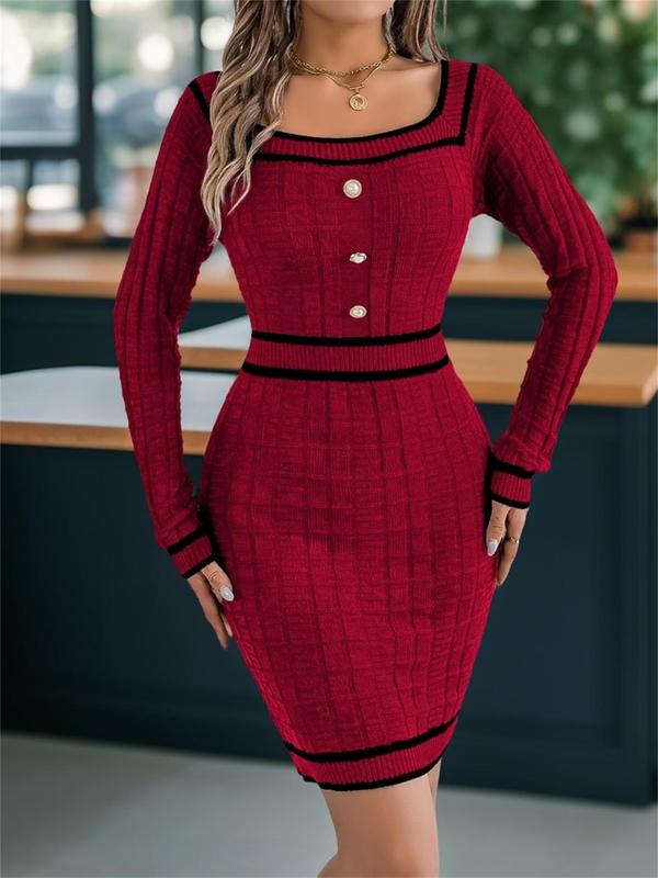 Women's Contrast Binding Fake Buttons Sweater Dress, Elegant Square Neck Long Sleeve Knit Dress for Fall & Winter, Women's Clothing for Daily Wear