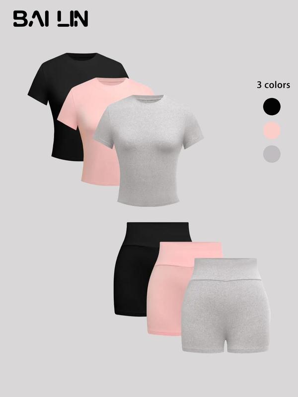 Fall Women's Solid Round Neck Tee & Skinny Shorts Set, Casual Short Sleeve T-shirt & Short Leggings, Ladies Summer Clothes