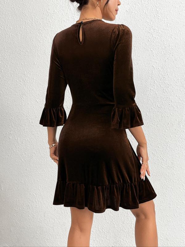 Women's Velvet Flounce Sleeve Dress, Elegant Round Neck Short Dress for Party Holiday Wedding Guest, Ladies Fall Clothes