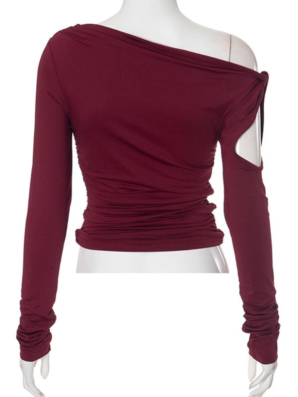 Women's Plain Ruched Asymmetrical Neck Tee, Casual Long Sleeve T-Shirt for Spring & Fall, Women's Clothing for Daily Wear