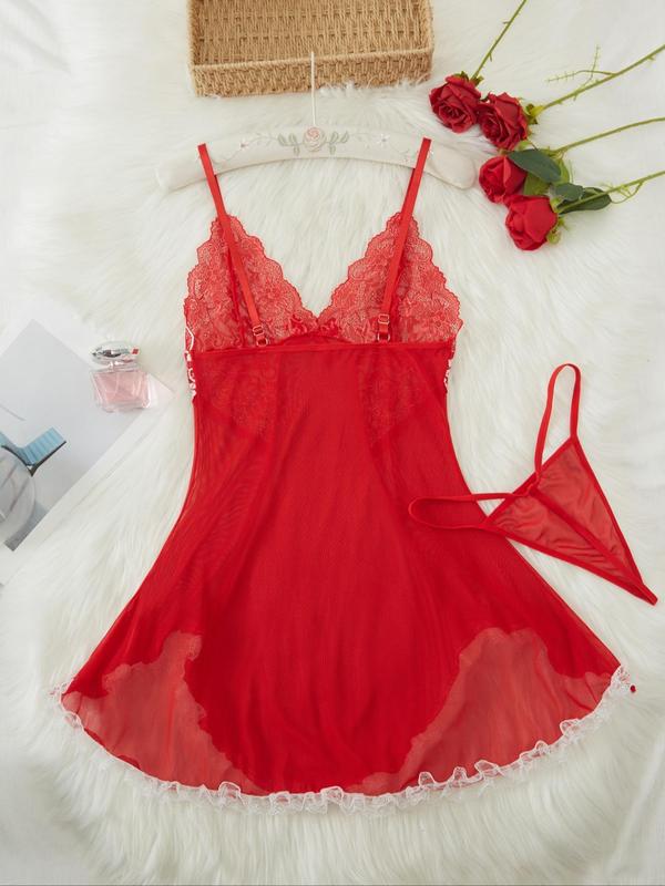 Women's Contrast Lace Bow Decor Cami Nightdress with Thong, Night Gown for Women, Romantic Sleep Dress, Spaghetti Strap Backless V Neck Asymmetrical Nightgown, Ladies Sleepwear for All Seasons, Night Dress Sleepwear