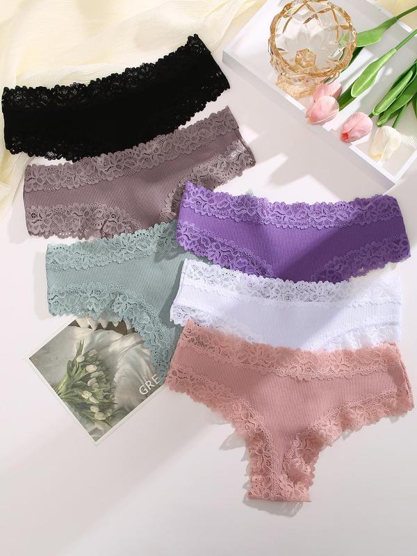 Women's 6pcs Plain Contrast Lace Panty, Soft Comfy Breathable Knickers Panty for Daily Wear, Fall Underwear for Women, Fall Cheeky Panties Multipack, Women's Underwear Bottoms for Fall, Fall Wear Black Girl, Fallfreshness