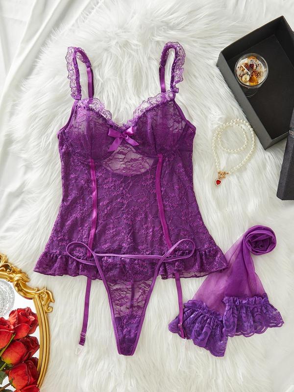 Women's Floral Lace Sheer Sexy Lingerie Set, Bow Decor Cut Out Ruffle Hem Spaghetti Strap Lingerie Top & Thong & Stockings Set, Women's Romantic Nightwear for All Seasons