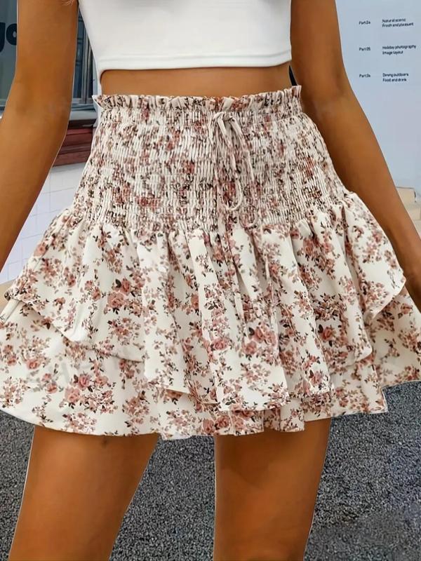 Women's Floral Print Frill Trim Shirred Tiered Layer Shorts, Designer Clothing, Casual High Waist Tie Front Wide Leg Shorts for Spring & Fall, Women's Bottoms for Daily Wear