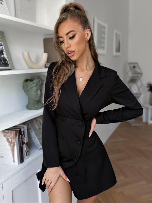 Women's Solid Lapel Neck Button Front Blazer Dress, Elegant Solid Long Sleeve Dress for Work Office Business, Dresses for Women,  Ladies' Spring & Fall Clothes