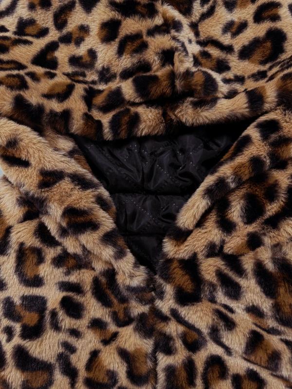 Women's Leopard Print Long Sleeve Hooded Fuzzy Plush Coat, Casual Open Front Longline Outerwear for Fall & Winter, Ladies Clothes for Daily Wear