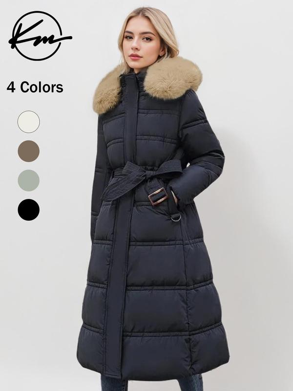 Women's Contrast Faux Fur Trim Belted Hooded Coat, Casual Jackets, Pocket Long Sleeve Button Front Outerwear for Fall & Winter, Winter Clothes Women, Ladies Clothes for Daily Wear