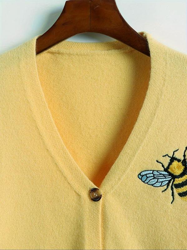 Women's Bee Embroidery Button Front Cardigan, Casual Drop Shoulder Long Sleeve V Neck Knitwear for Spring & Fall, Fashion Women's Knit Clothing for Daily Wear