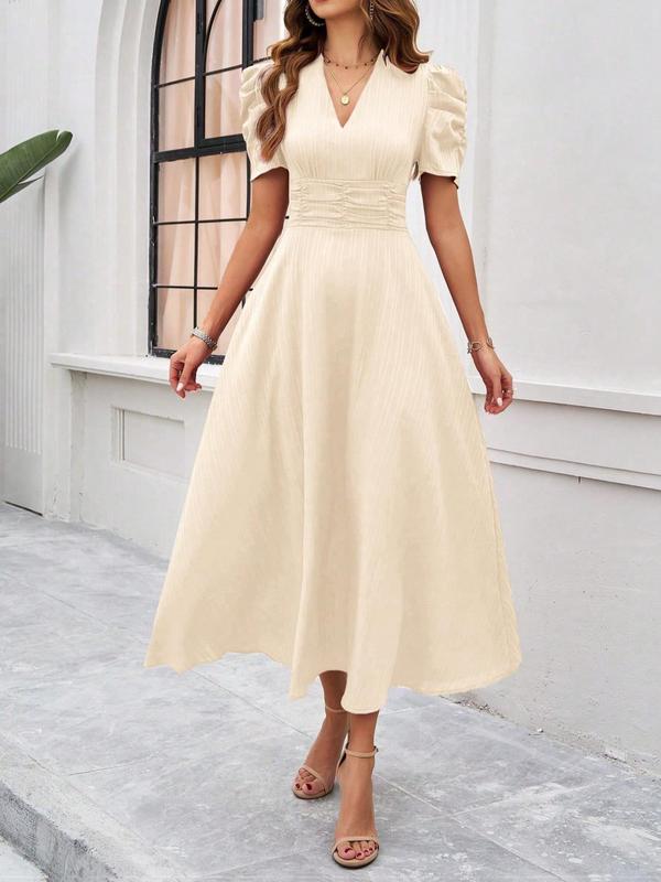 Women's Plain Ruched Puff Sleeve V Neck A Line Dress, Elegant Short Sleeve Zipper Back Long Dress for Party Holiday Wedding Guest, Ladies Clothes for Summer