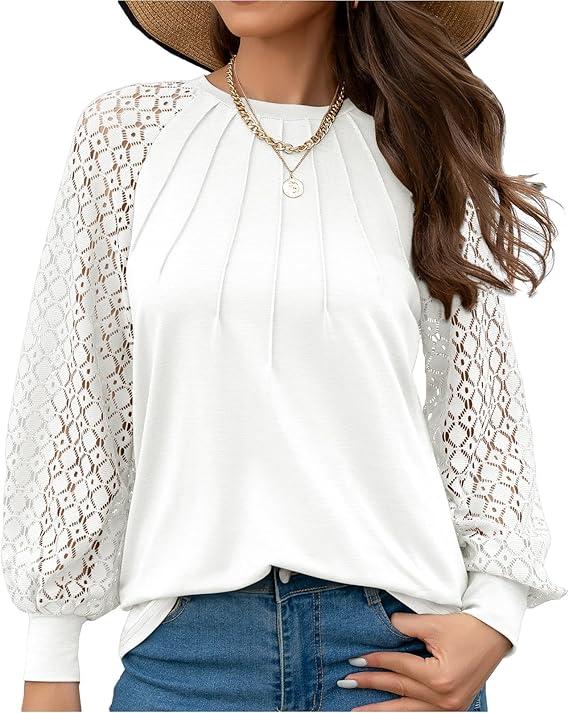 Women's Contrast Lace Long Sleeve Half Button Knit Top, Casual Round Neck Knitwear for Spring & Fall, Chic Knitting Tops, Women's Knit Clothing for Daily Wear Womenswear Underwear