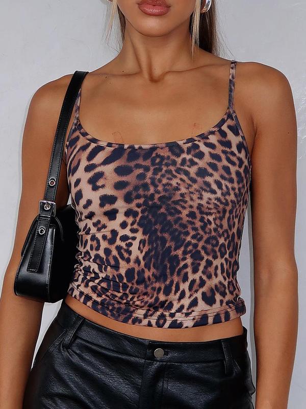 Women's Leopard Print Adjustable Strap Crop Cami Top, Fashion Casual Scoop Neck Sleeveless Top for Daily Outdoor Wear, Ladies Clothes for All Seasons