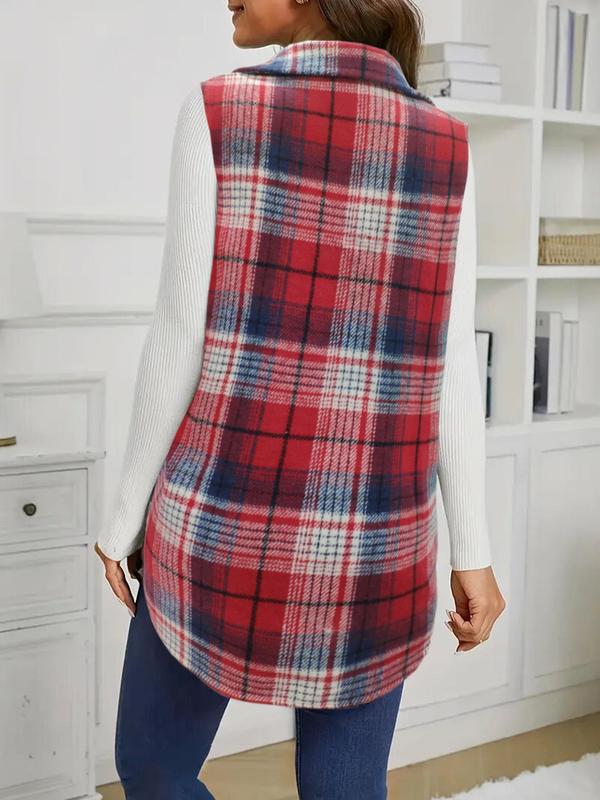 Women's Plaid Print Button Front Pocket Vest Coat, Casual Longline Sleeveless Outerwear for Fall & Winter, Ladies Clothes for Daily Wear